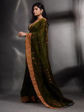 Load image into Gallery viewer, Moss Green Cotton Handwoven Saree With Zari Border
