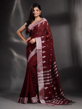 Load image into Gallery viewer, Maroon Cotton Handwoven Saree With Zari Border
