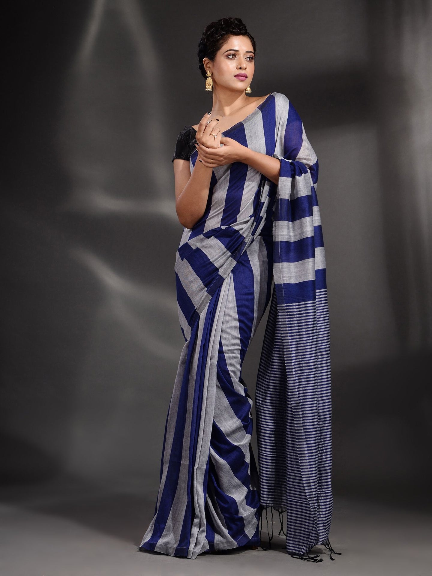 Blue And Light Grey Cotton Handwoven Saree With Stripe Pallu