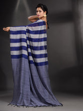Load image into Gallery viewer, Blue And Light Grey Cotton Handwoven Saree With Stripe Pallu
