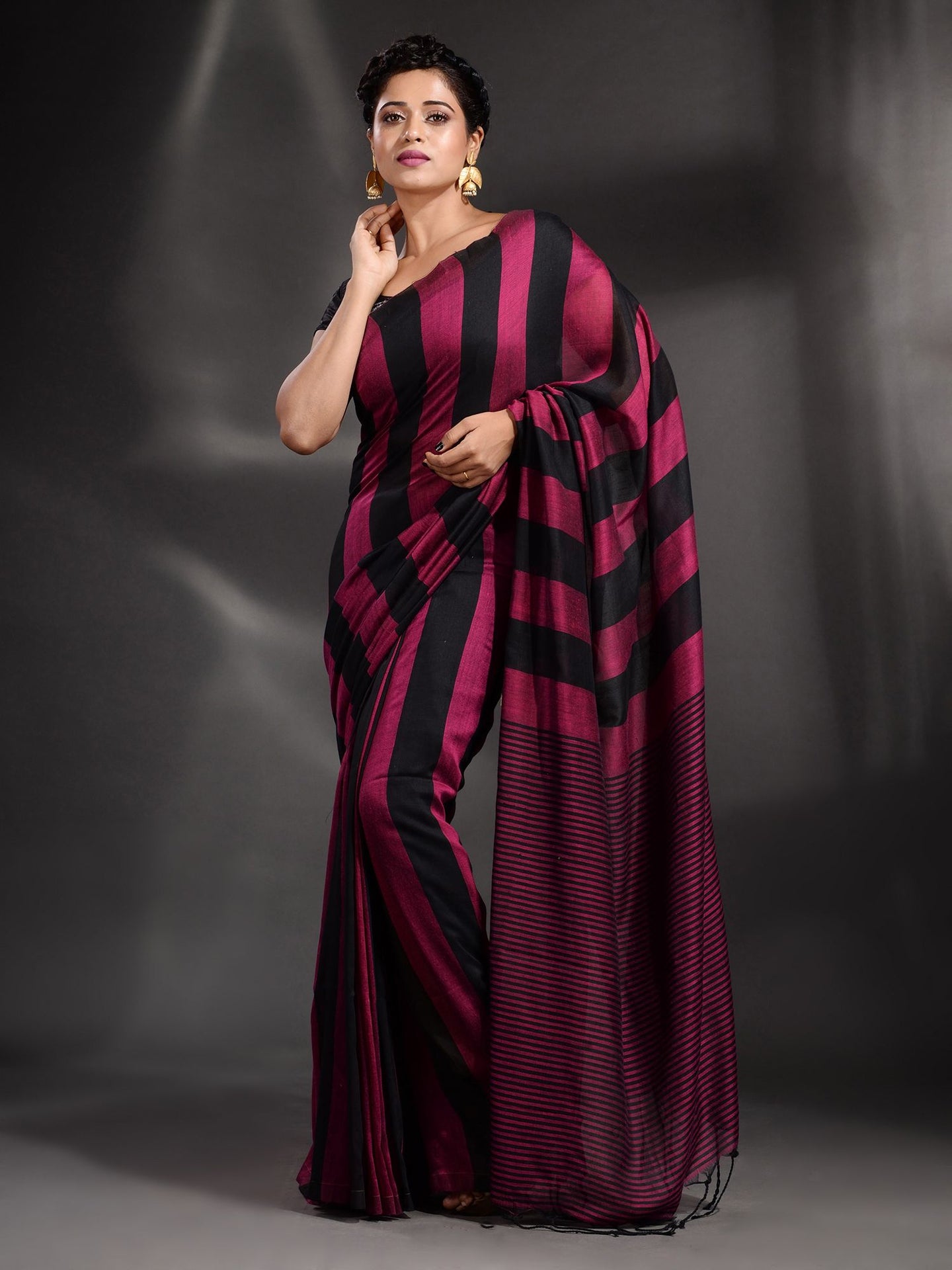Black And Fuchsia Cotton Handwoven Saree With Stripe Pallu