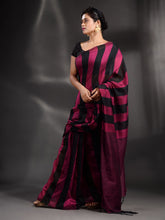 Load image into Gallery viewer, Black And Fuchsia Cotton Handwoven Saree With Stripe Pallu
