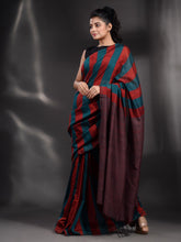 Load image into Gallery viewer, Red And Teal Cotton Handwoven Saree With Stripe Pallu
