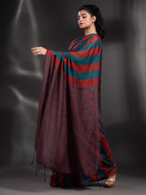Load image into Gallery viewer, Red And Teal Cotton Handwoven Saree With Stripe Pallu
