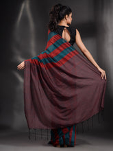 Load image into Gallery viewer, Red And Teal Cotton Handwoven Saree With Stripe Pallu
