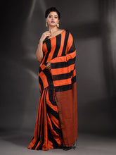 Load image into Gallery viewer, Orange And Black Cotton Handwoven Saree With Stripe Pallu
