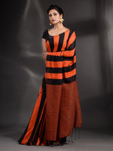 Load image into Gallery viewer, Orange And Black Cotton Handwoven Saree With Stripe Pallu
