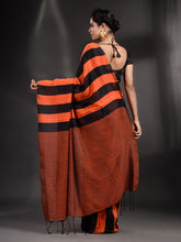 Load image into Gallery viewer, Orange And Black Cotton Handwoven Saree With Stripe Pallu
