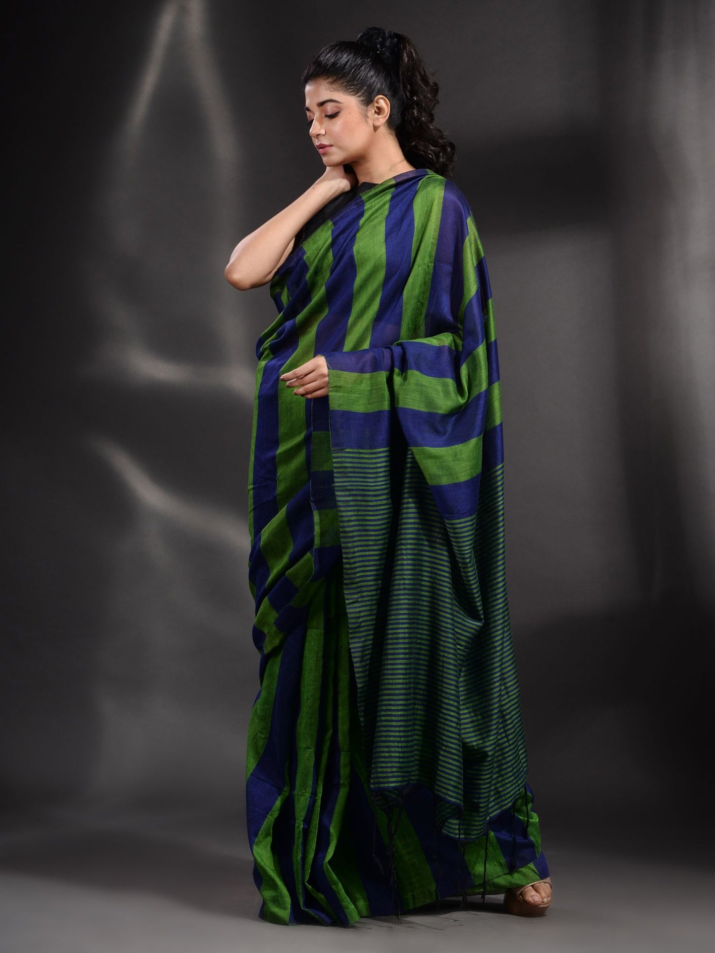 Green And Blue Cotton Handwoven Saree With Stripe Pallu