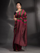Load image into Gallery viewer, Green And Fuchsia Cotton Handwoven Saree With Stripe Pallu
