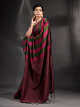 Load image into Gallery viewer, Green And Fuchsia Cotton Handwoven Saree With Stripe Pallu
