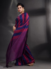 Load image into Gallery viewer, Magenta And Blue Cotton Handwoven Saree With Stripe Pallu
