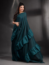Load image into Gallery viewer, Teal Cotton Handwoven Ruffle Saree
