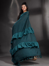 Load image into Gallery viewer, Teal Cotton Handwoven Ruffle Saree
