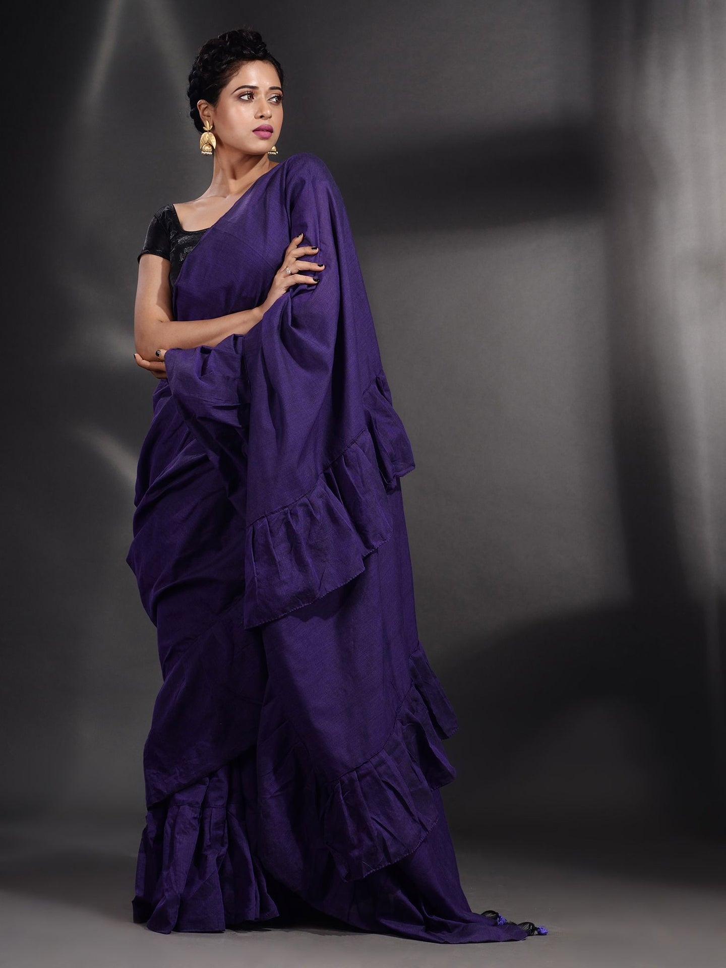 Purple Cotton Handwoven Ruffle Saree