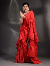 Load image into Gallery viewer, Red Cotton Handwoven Ruffle Saree
