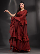 Load image into Gallery viewer, Maroon Cotton Handwoven Ruffle Saree
