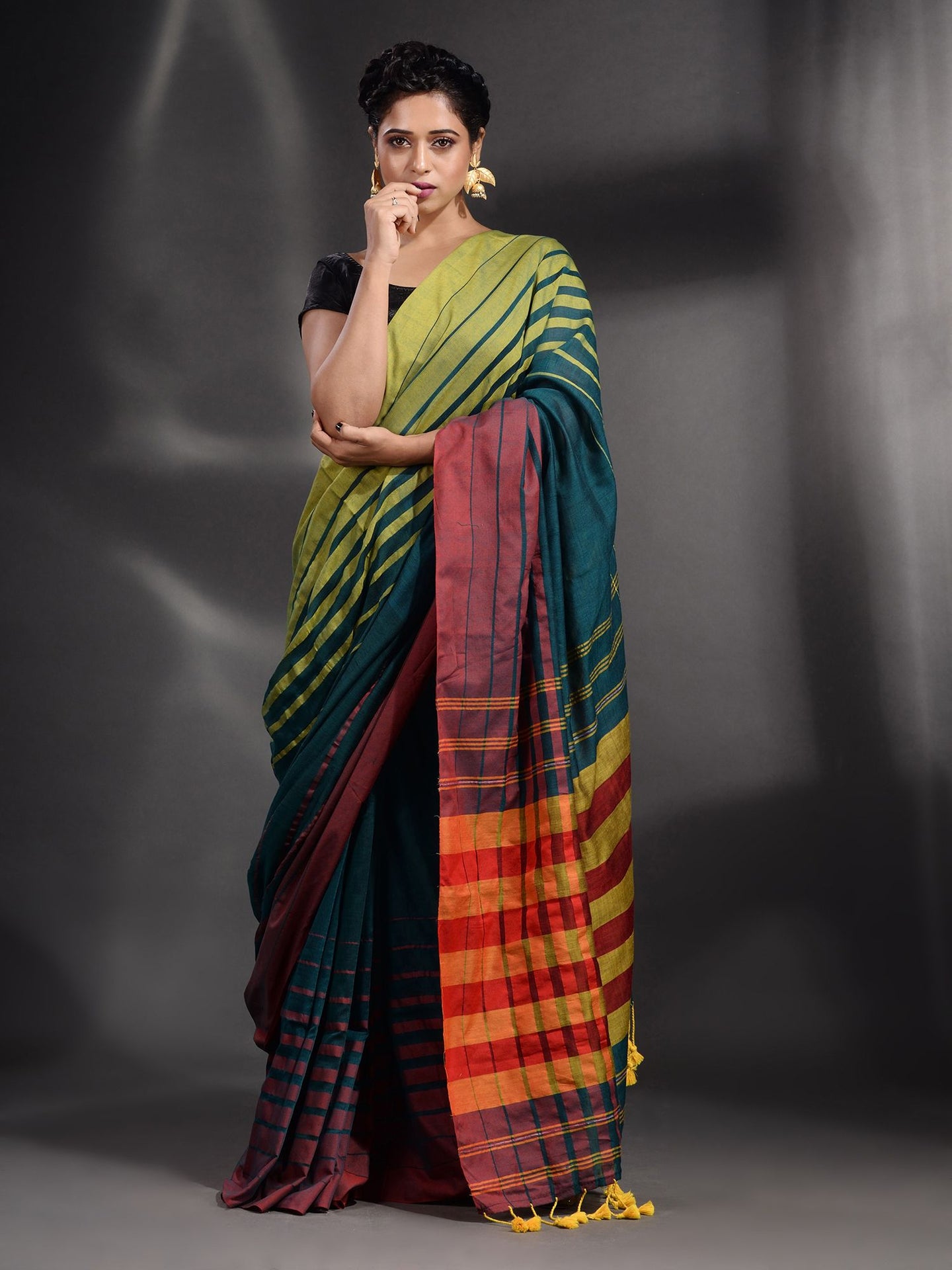 Teal Cotton Handwoven Saree With Stripe Border