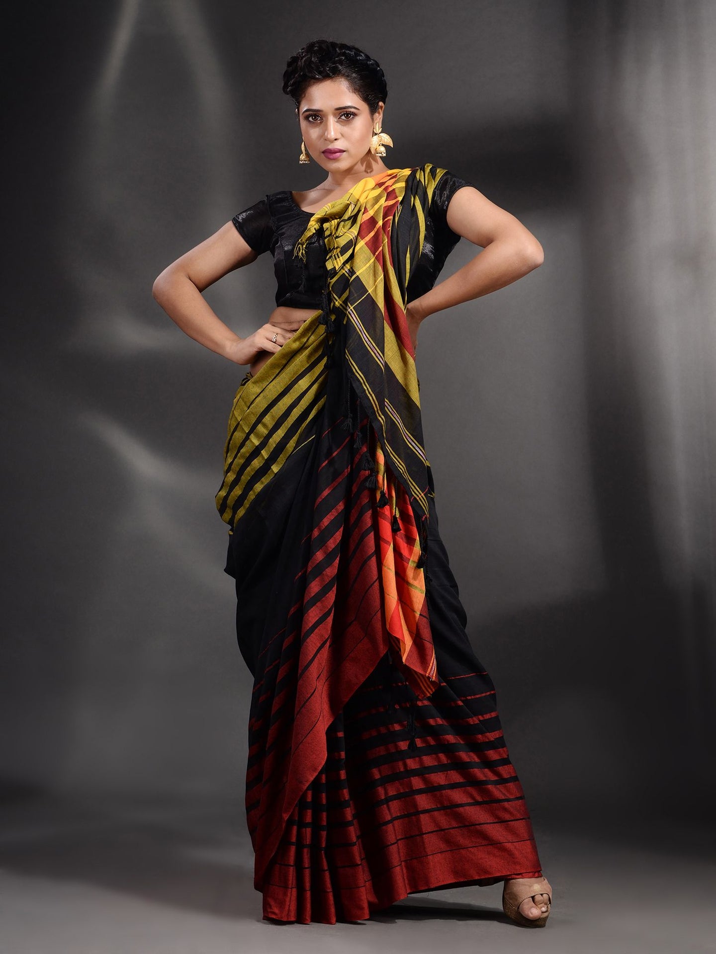 Black Cotton Handwoven Saree With Stripe Border