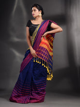 Load image into Gallery viewer, Royal Blue Cotton Handwoven Saree With Stripe Border

