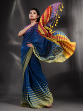 Load image into Gallery viewer, Blue Cotton Handwoven Saree With Stripe Border

