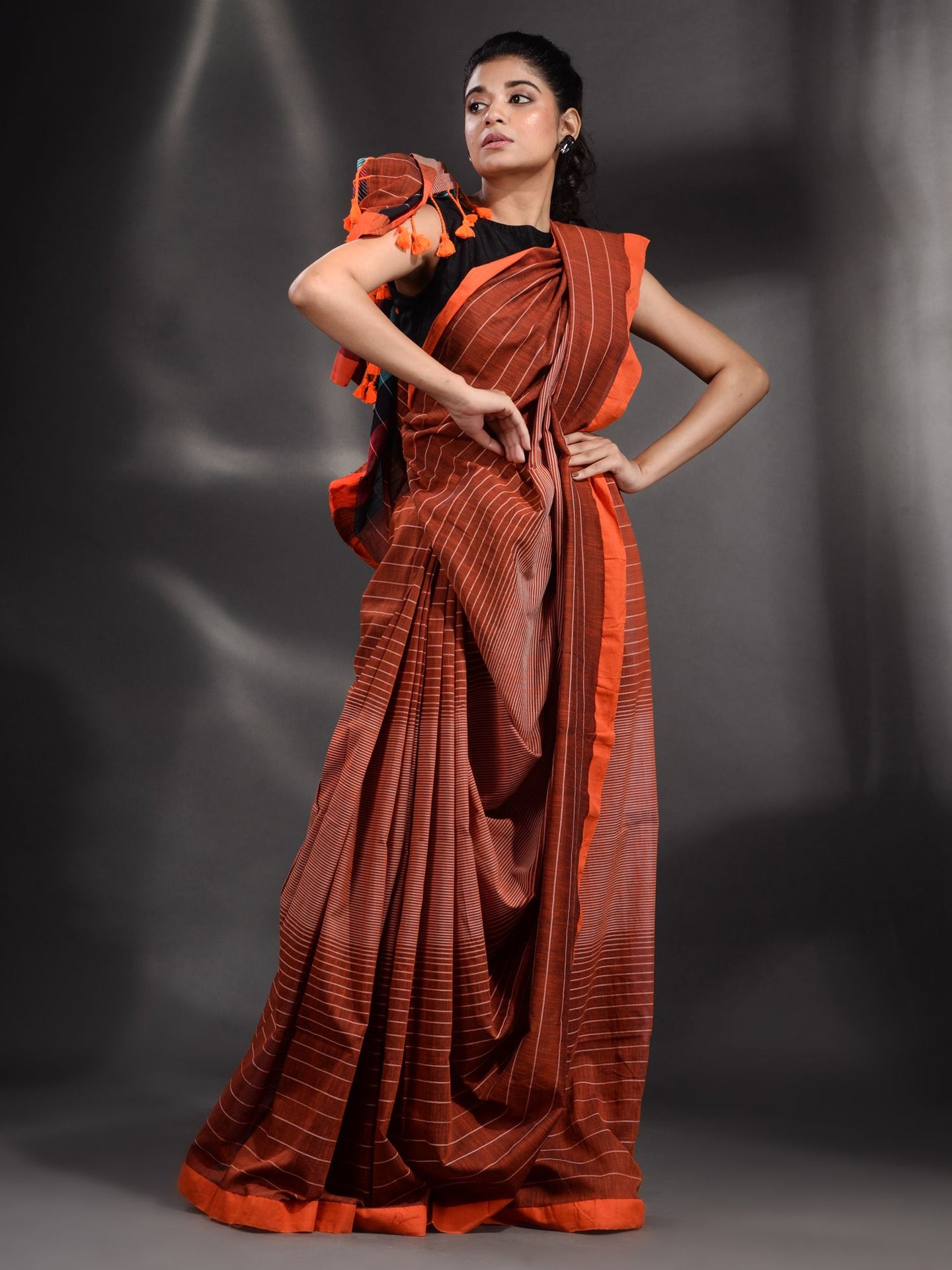Brown Cotton Handwoven Saree With Stripe Design