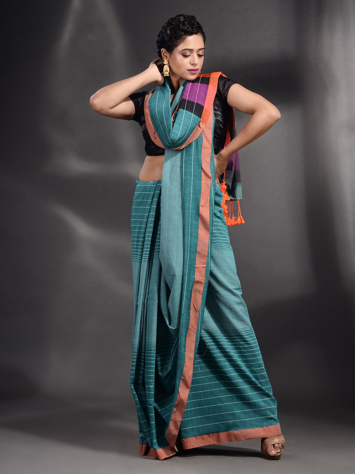 Teal Cotton Handwoven Saree With Stripe Design