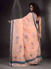 Load image into Gallery viewer, Peach Khadi Handwoven Saree With Stripe Border
