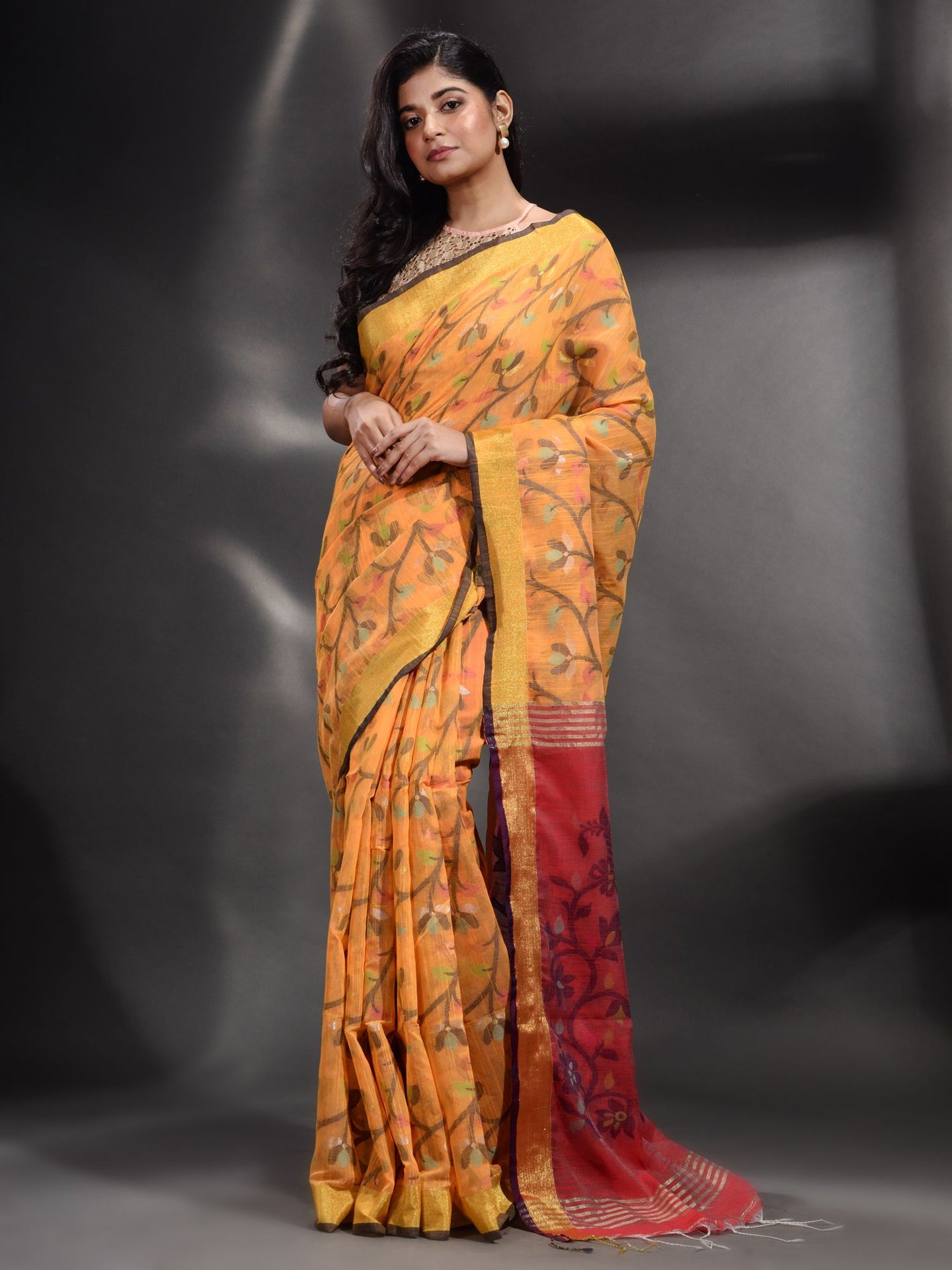 Yellow Cotton handspun Handwoven Saree With Nakshi Design