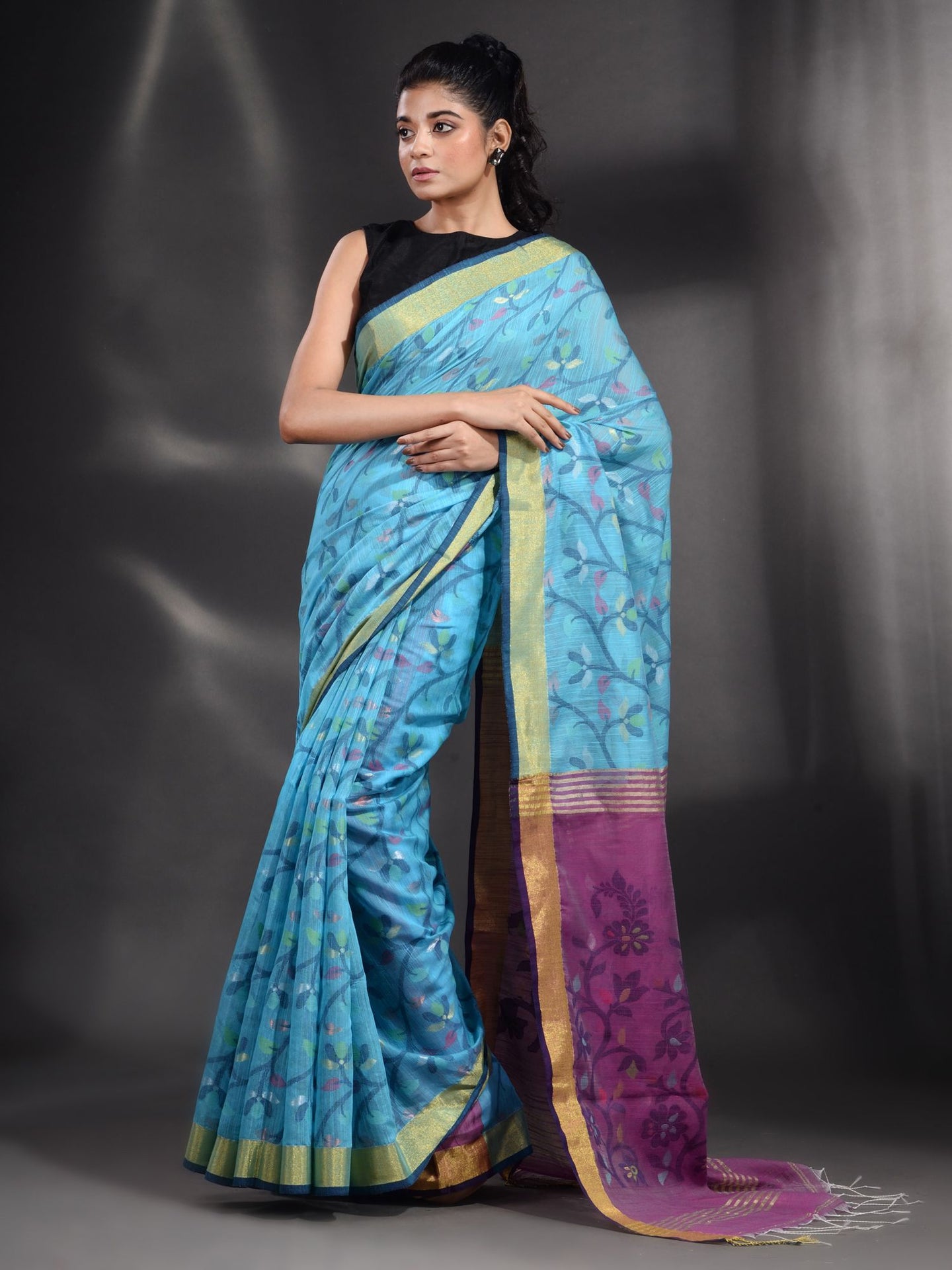 Sky Blue Cotton Handspun Handwoven Saree With Nakshi Design