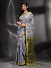 Load image into Gallery viewer, Light Grey Cotton handspun Handwoven Saree With Nakshi Design
