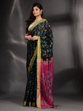 Load image into Gallery viewer, Black Cotton Handspun Handwoven Saree With Nakshi Design
