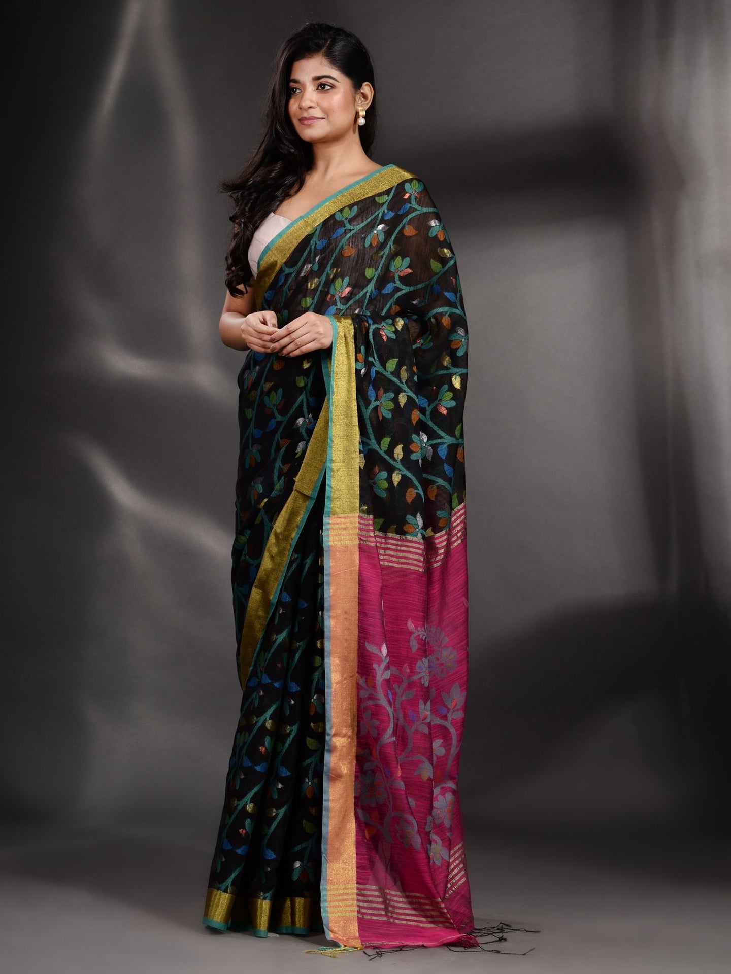 Black Cotton Handspun Handwoven Saree With Nakshi Design