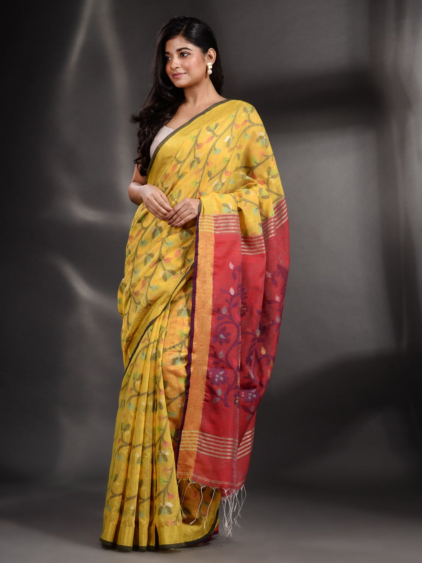 Yellow Cotton Handspun Handwoven Saree With Nakshi Design