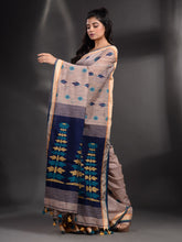 Load image into Gallery viewer, Beige Cotton Handspun Handwoven Saree With Zari Border
