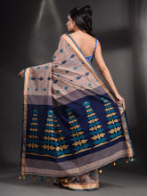 Load image into Gallery viewer, Beige Cotton Handspun Handwoven Saree With Zari Border
