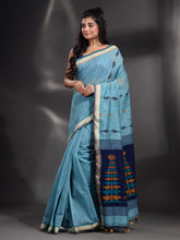 Load image into Gallery viewer, Sky Blue Cotton handspun Handwoven Saree With Zari Border
