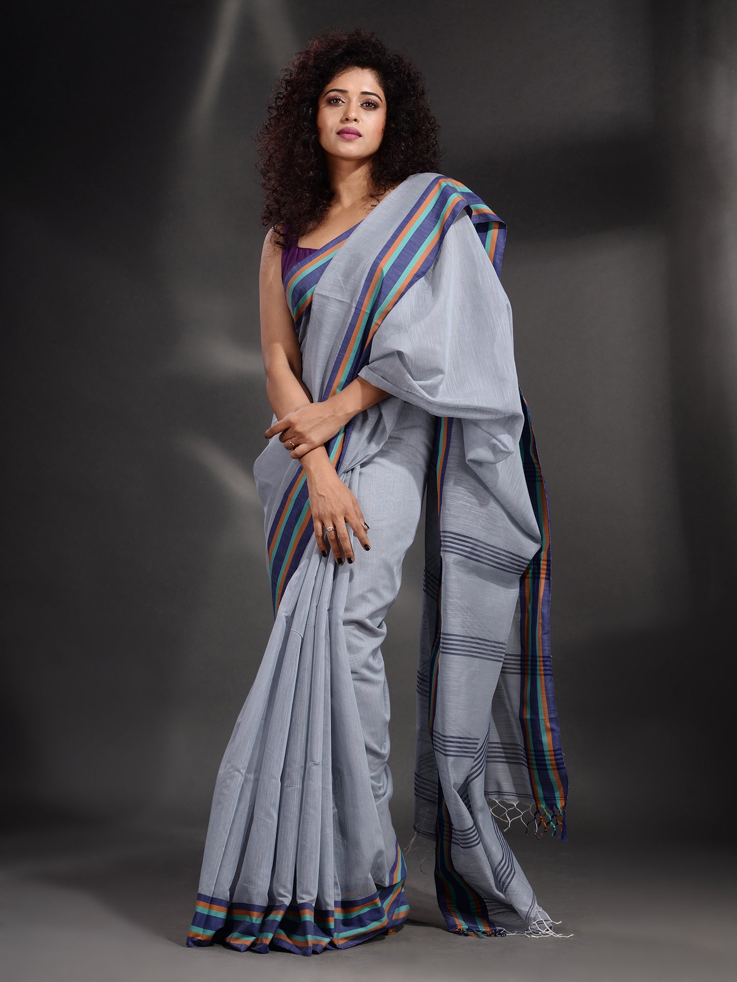 Light Grey Cotton Handspun Handwoven Saree With Multicolor Border