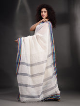 Load image into Gallery viewer, White Khadi Handwoven Saree With Multicolor Border
