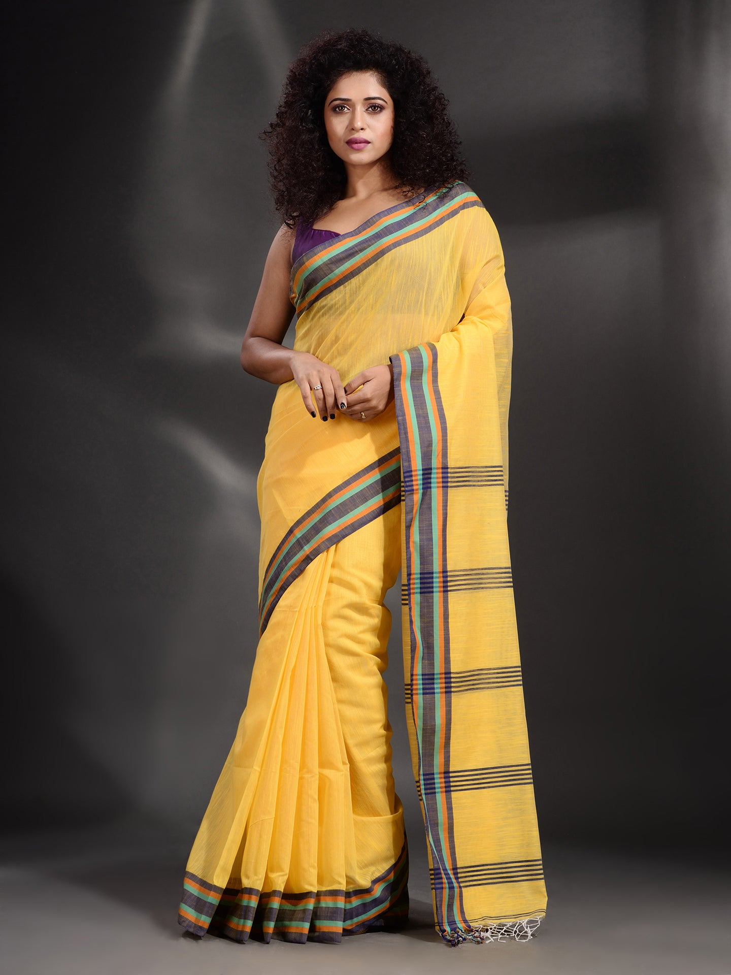 Yellow Cotton Handspun Handwoven Saree With Multicolor Border