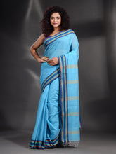 Load image into Gallery viewer, Sky Blue Cotton Handspun Handwoven Saree With Multicolor Border

