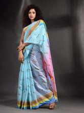 Load image into Gallery viewer, Sky Blue Khadi Handwoven Saree With Temple Border
