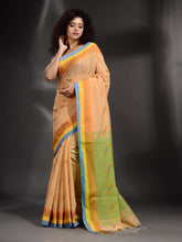 Load image into Gallery viewer, Beige Cotton Handspun Handwoven Saree With Temple Border
