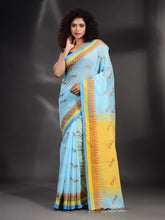 Load image into Gallery viewer, Sky Blue Cotton Handspun Handwoven Saree With Temple Border
