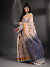 Load image into Gallery viewer, Autumn White Khadi Handwoven Saree With Temple Border
