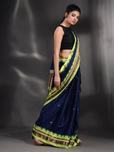 Load image into Gallery viewer, Navy Blue Silk Handwoven Soft Saree With Geometric Border
