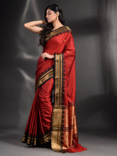 Load image into Gallery viewer, Red Silk Handwoven Soft Saree With Geometric Border
