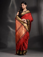 Load image into Gallery viewer, Red Silk Handwoven Soft Saree With Geometric Border
