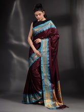 Load image into Gallery viewer, Wine Silk Handwoven Soft Saree With Geometric Border
