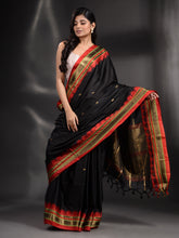 Load image into Gallery viewer, Black Silk Handwoven Soft Saree With Geometric Border
